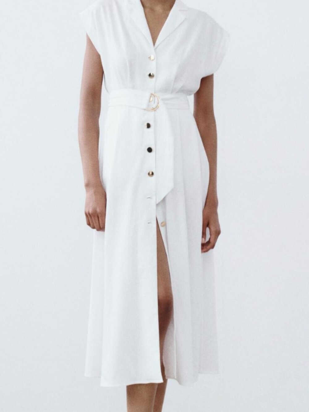 Zara White Belted Midi Shirt Dress Gold Buttons NWT L